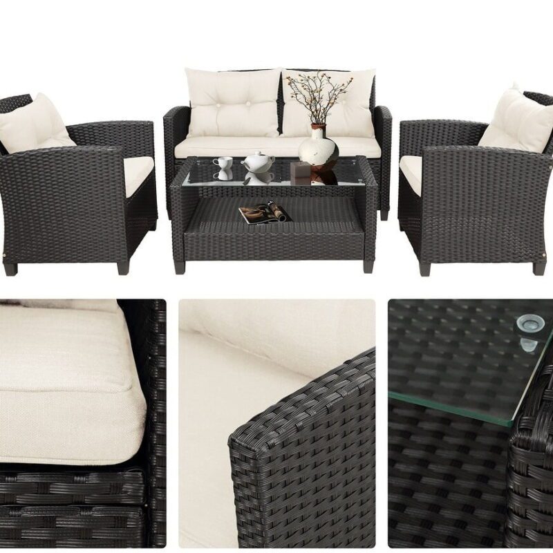4-Piece Outdoor Wicker Sofa Set HDPE Rattan Sofa & Glass Top Center Table(Black & Cream) - Image 5