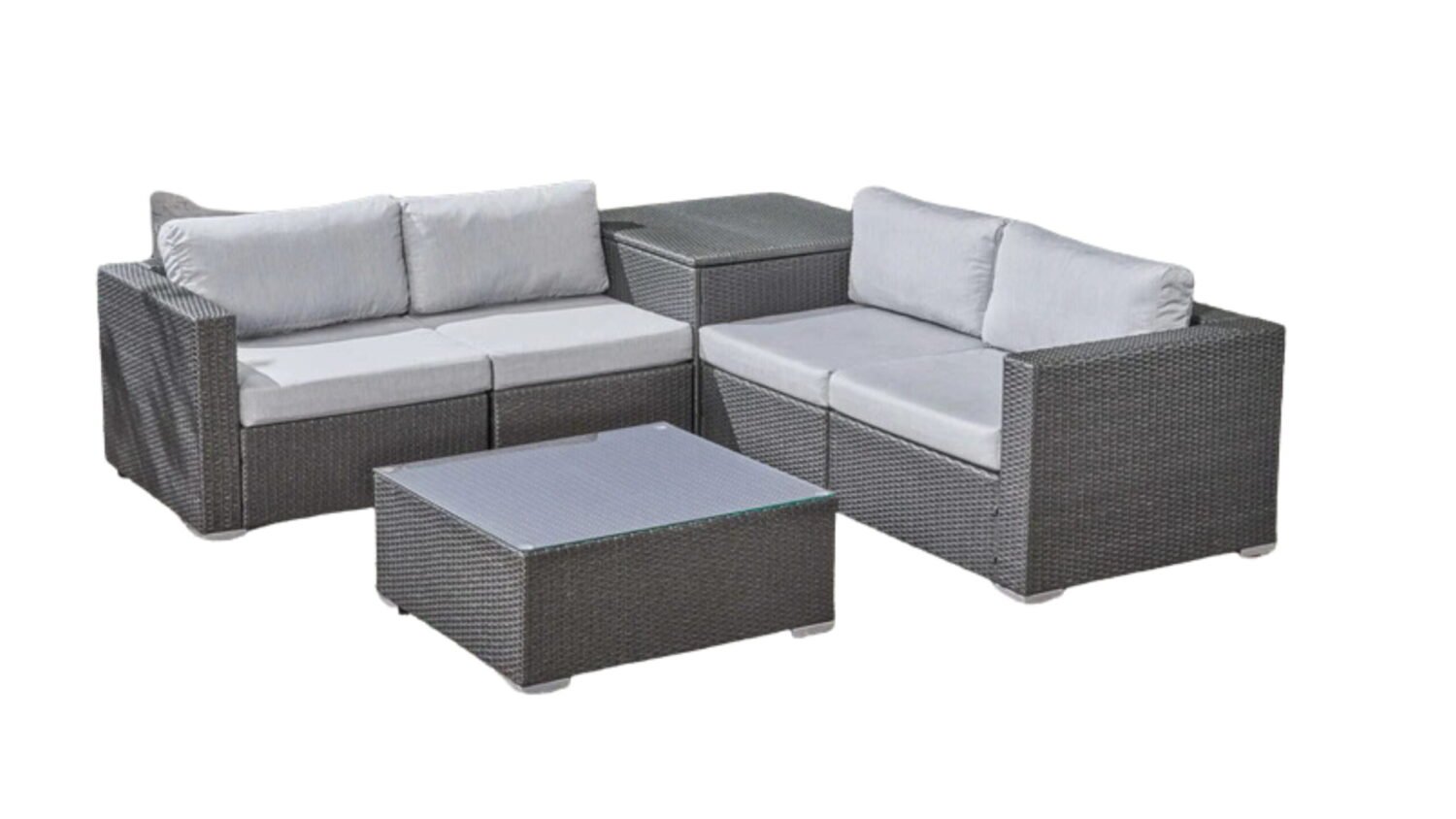 4 Piece Outdoor Wicker Furniture Patio Sofa Set with Glass Top Coffee Table and Side Table(Dark Brown & Grey) - Image 4