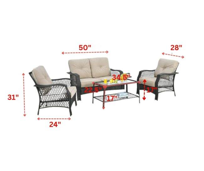 4 Piece Outdoor Patio Wicker Rattan Sofa Conversation Set & Glass Top Coffee Table (Black & Cream) - Image 2