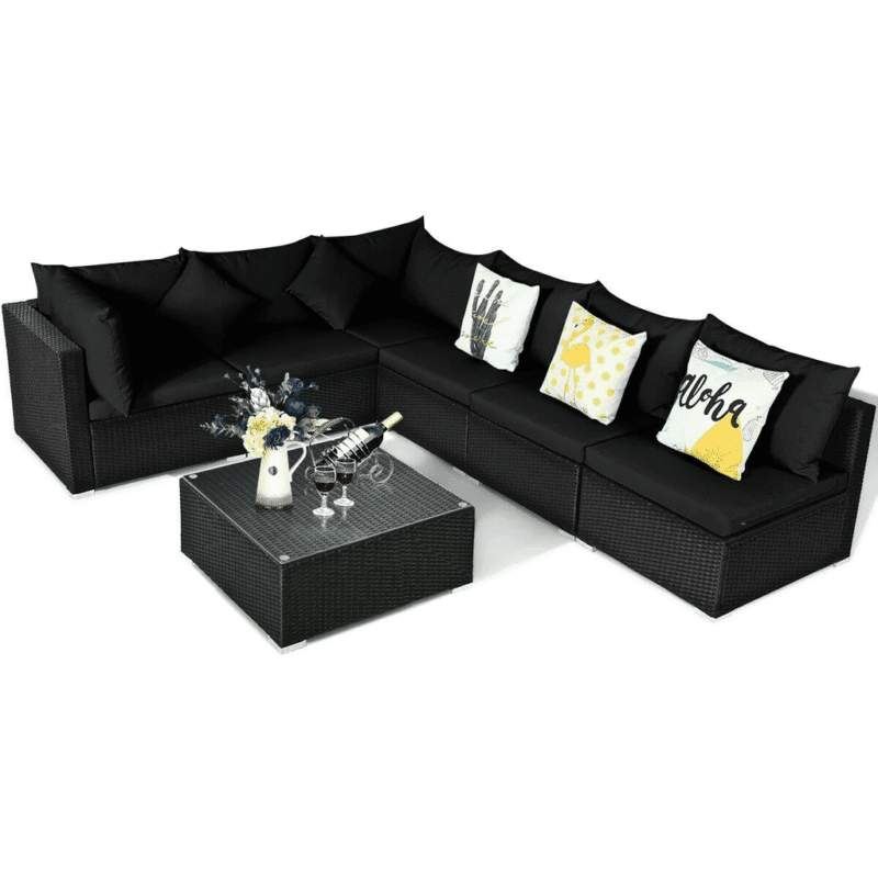 6 Seater Black Wicker Rattan All Weather Furniture with Glass Top Table - Image 7