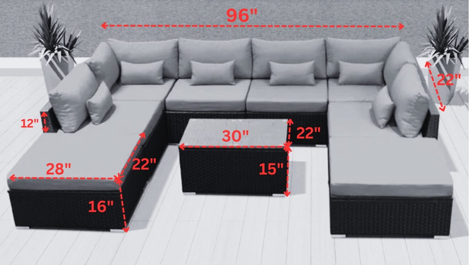 8 Seater Black Rattan Sectional Sofa Set With Sky Blue Cushions - Image 2