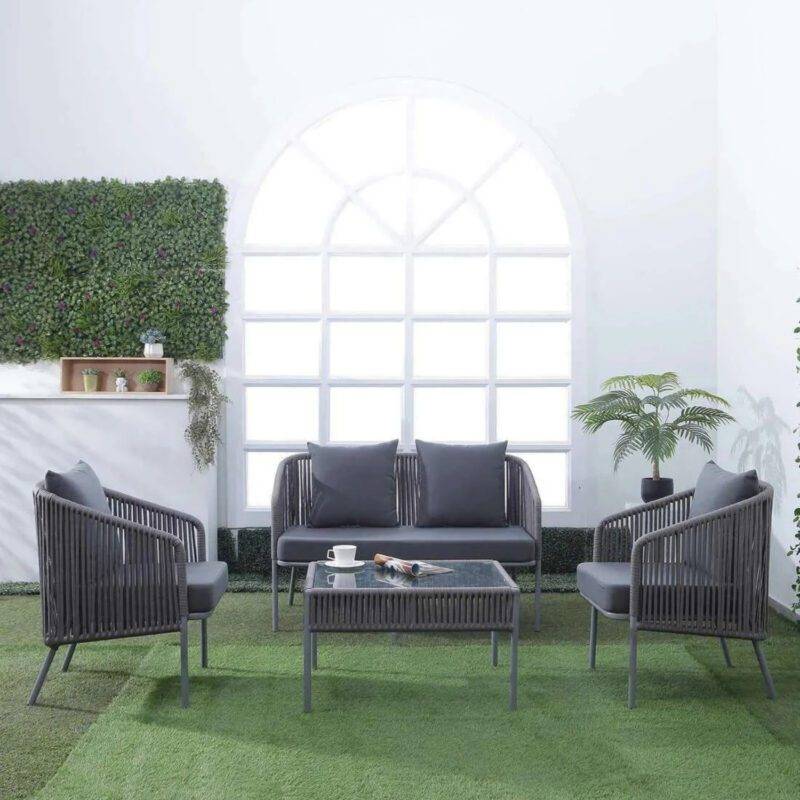 Outdoor 4 Piece Modern Woven Rope Patio Conversation Sets with Tempered Glass Tabletop (Grey)