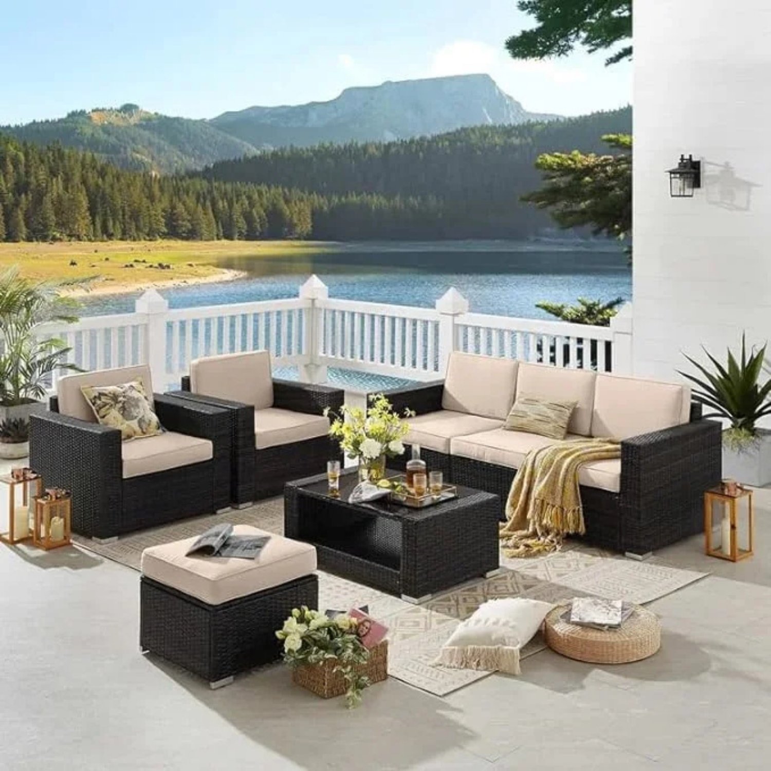 5 Piece Conversation Wicker Sofa Set with Center Table