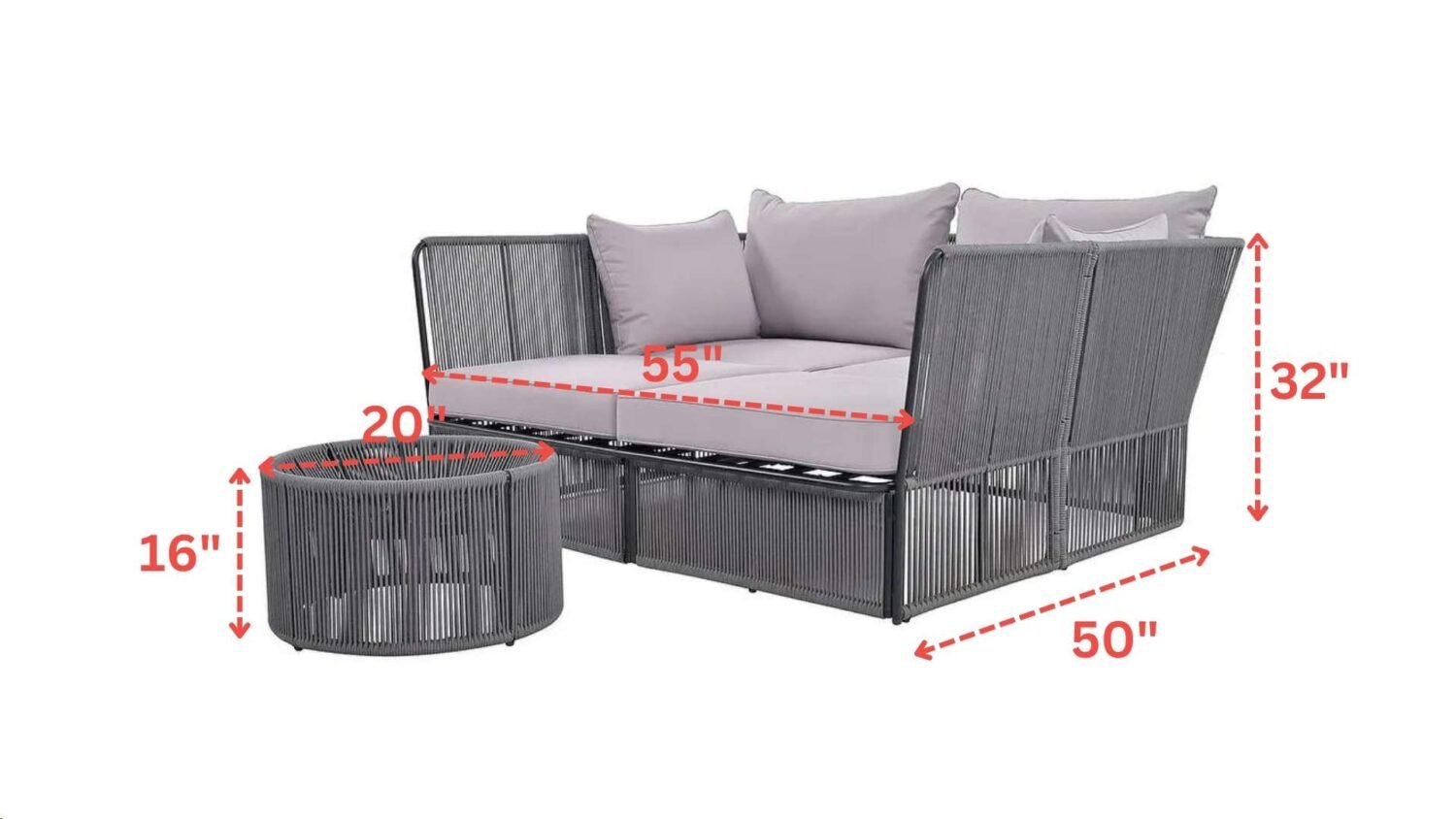 Outdoor Chaise Lounge Set Patio Daybed with Clear Tempered Glass Table (Grey) - Image 3