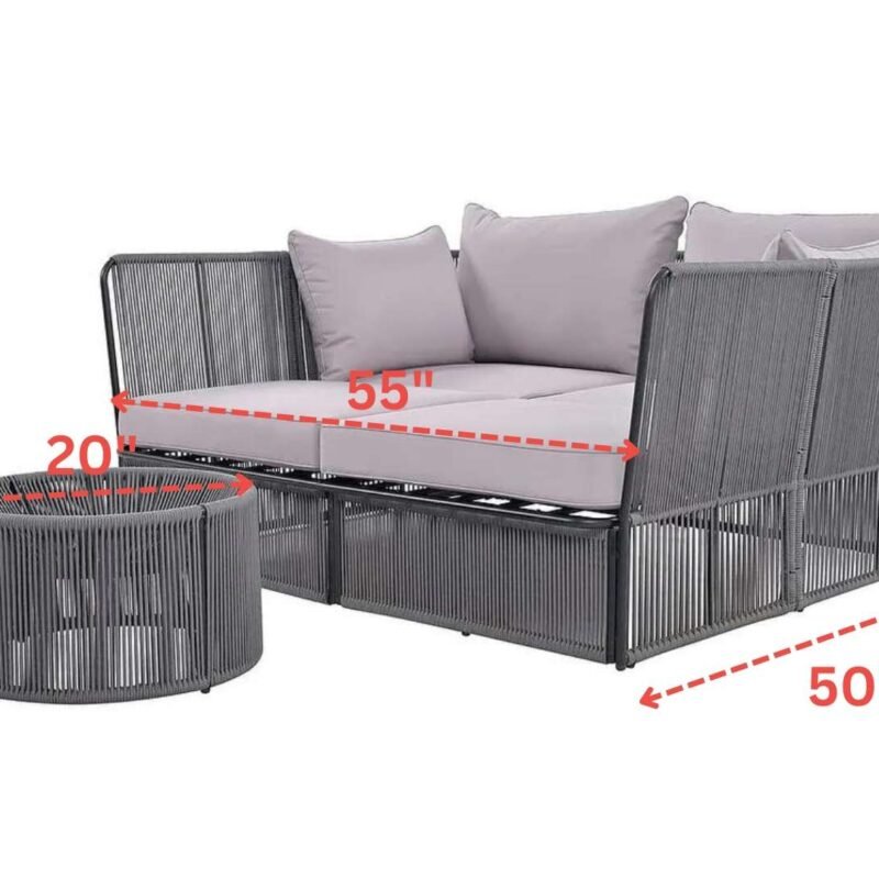 Outdoor Chaise Lounge Set Patio Daybed with Clear Tempered Glass Table (Grey) - Image 3