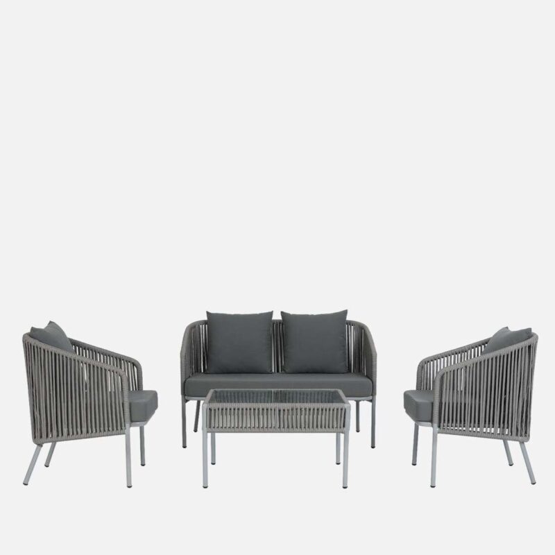 Outdoor 4 Piece Modern Woven Rope Patio Conversation Sets with Tempered Glass Tabletop (Grey) - Image 7