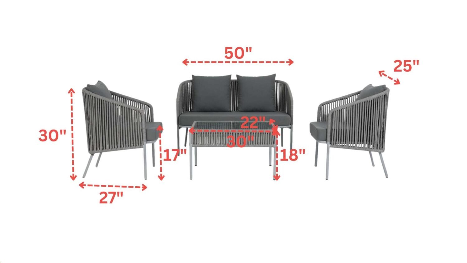 Outdoor 4 Piece Modern Woven Rope Patio Conversation Sets with Tempered Glass Tabletop (Grey) - Image 3