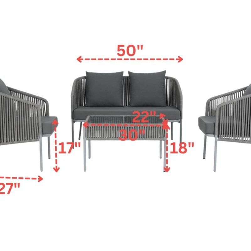 Outdoor 4 Piece Modern Woven Rope Patio Conversation Sets with Tempered Glass Tabletop (Grey) - Image 3