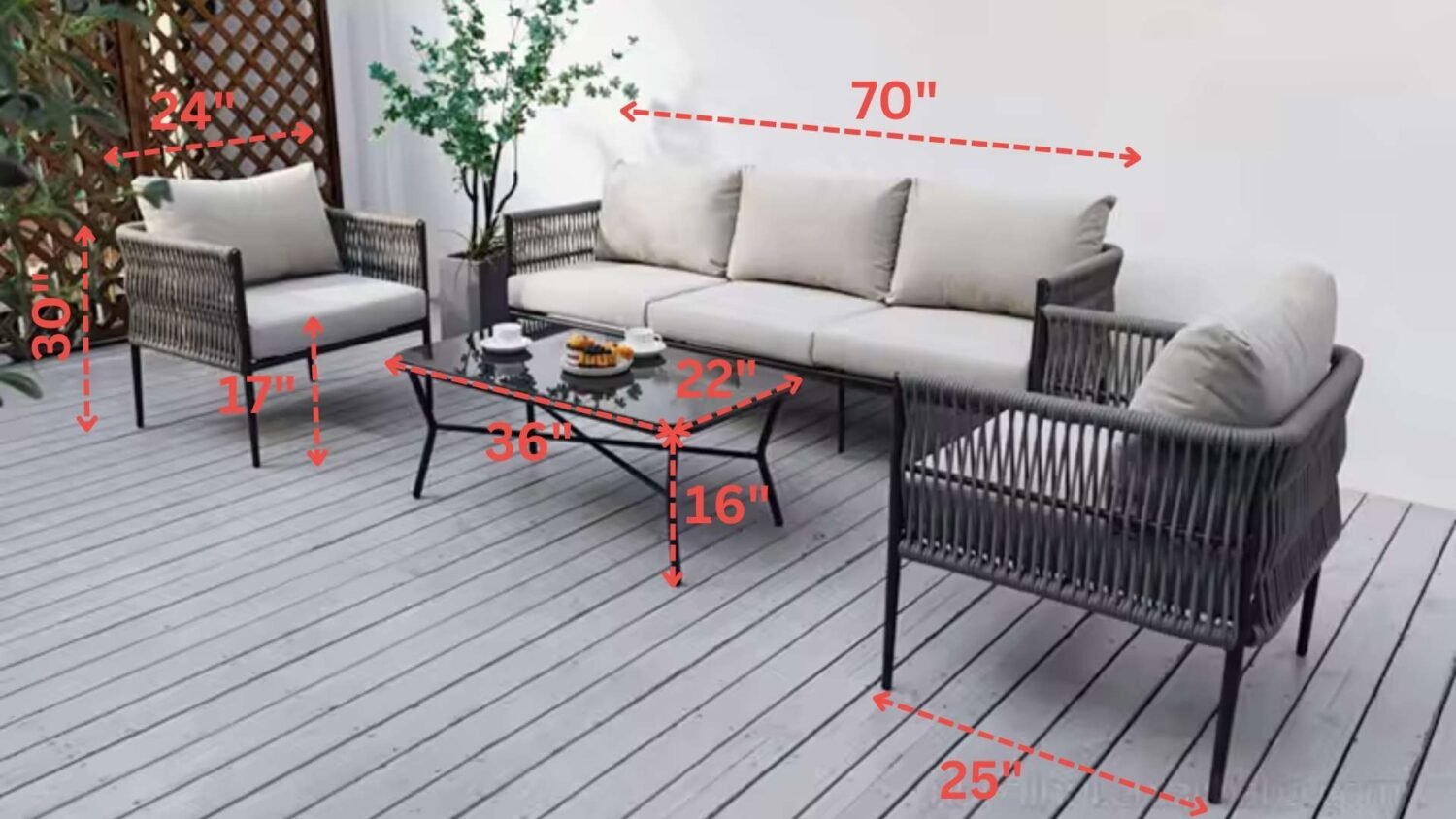 Outdoor Rope Woven Sectional Sofa Patio Set with Waterproof Cushions & Glass Tabletop (Grey & Light Grey) - Image 3