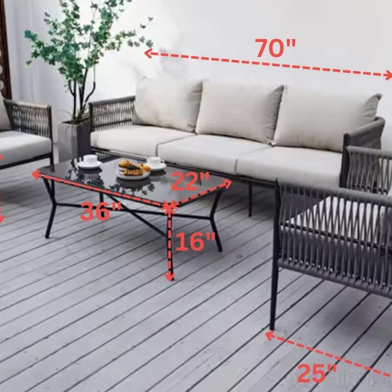 Outdoor Rope Woven Sectional Sofa Patio Set with Waterproof Cushions & Glass Tabletop (Grey & Light Grey) - Image 3
