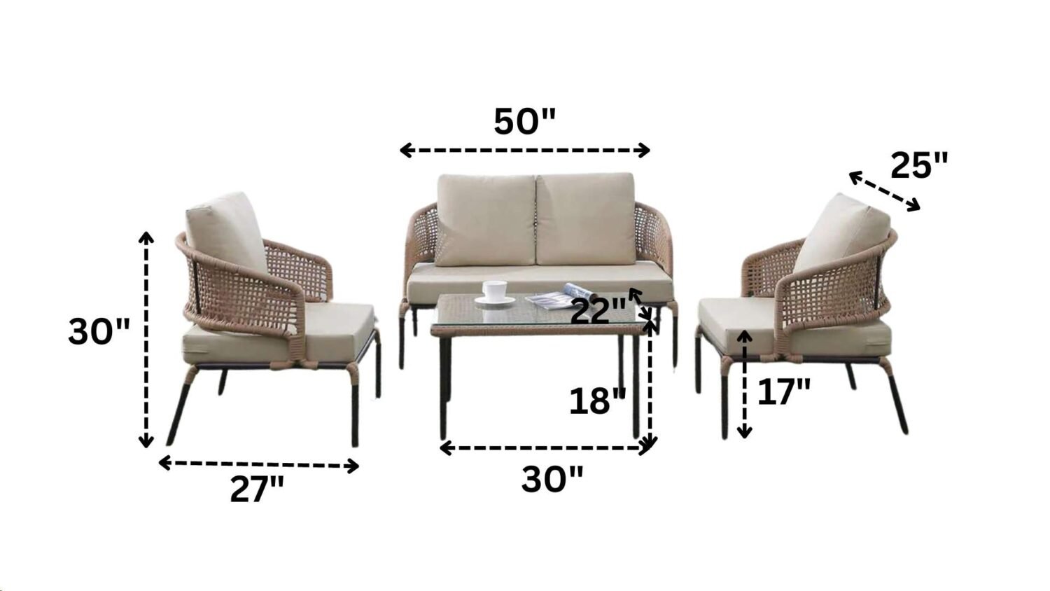 All-Weather Patio Rope Sofa Set with Glass Top Coffee Table (Beige & Cream) - Image 3