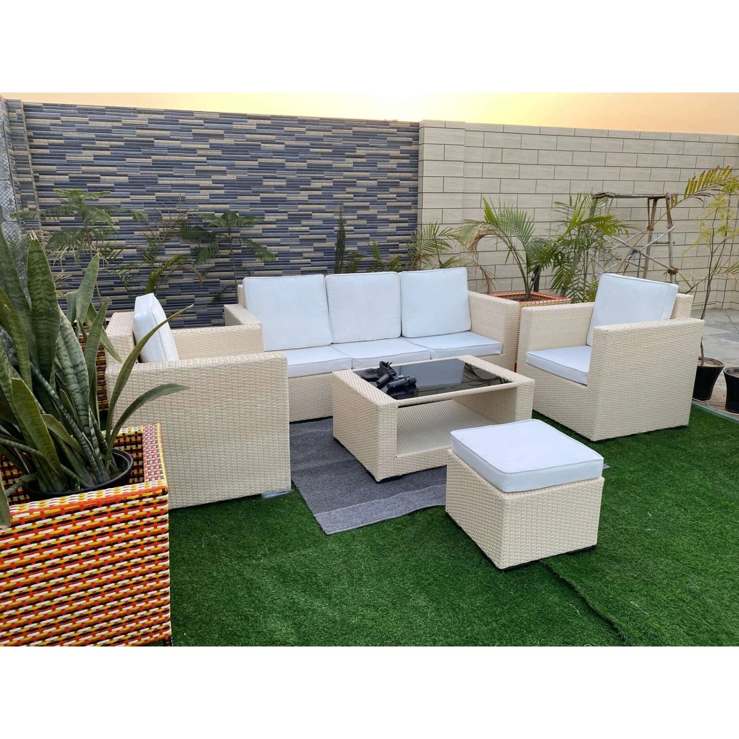 All Weather Rattan Wicker 6 Seater Sofa Set (Beige & Off White)