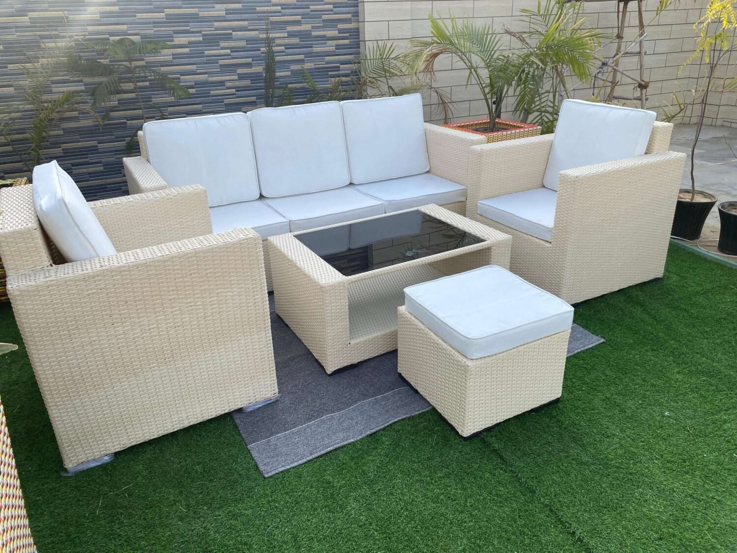 All Weather Rattan Wicker 6 Seater Sofa Set (Beige & Off White) - Image 3