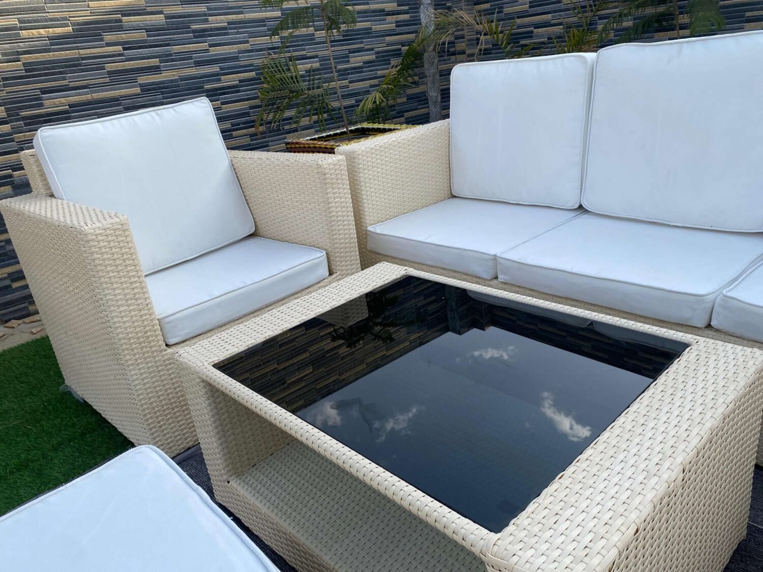 All Weather Rattan Wicker 6 Seater Sofa Set (Beige & Off White) - Image 8