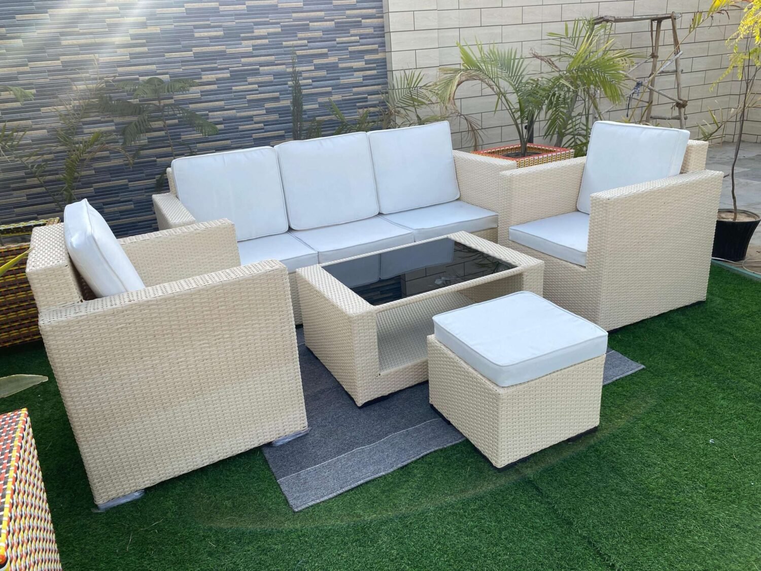 All Weather Rattan Wicker 6 Seater Sofa Set (Beige & Off White) - Image 7