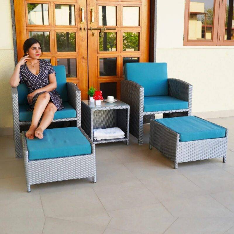 All Weather Wicker Patio 5 Piece Furniture (Silver Grey & Sky-Blue)