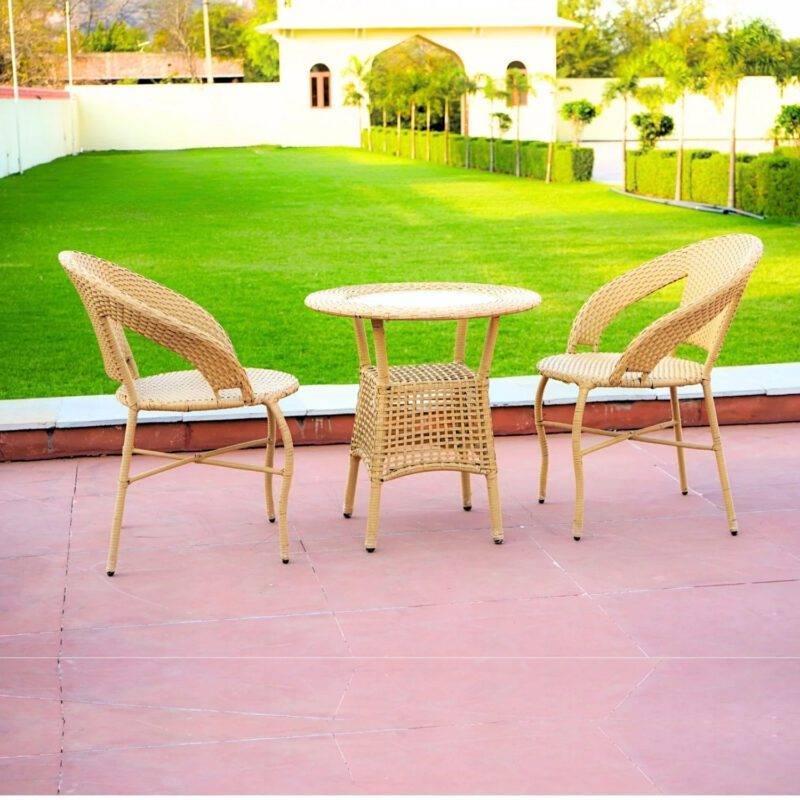 3 Piece Patio Beige HDPE Wicker Rattan Chair & Table Set