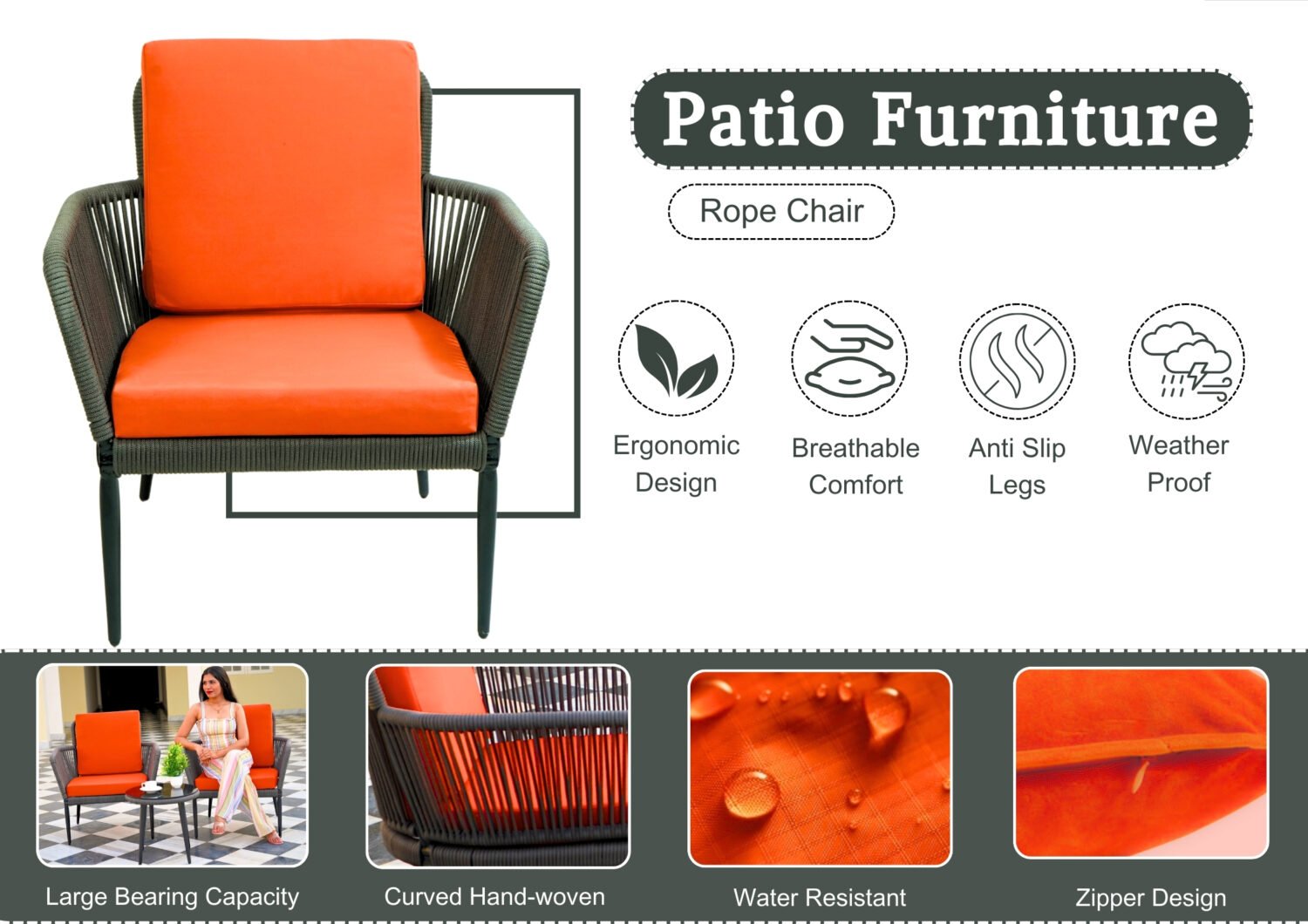 3 Piece Patio Outdoor All Weather Set (Grey & Orange) - Image 4