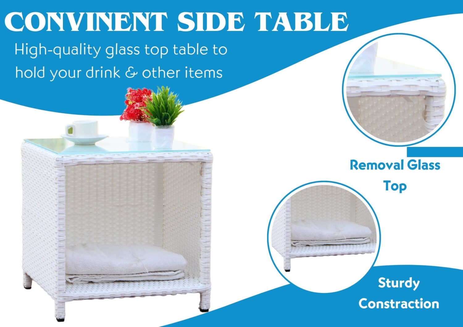 5-Piece Rattan Patio Set with Soft Cushion Chair & Ottoman (White & Sky-blue) - Image 5
