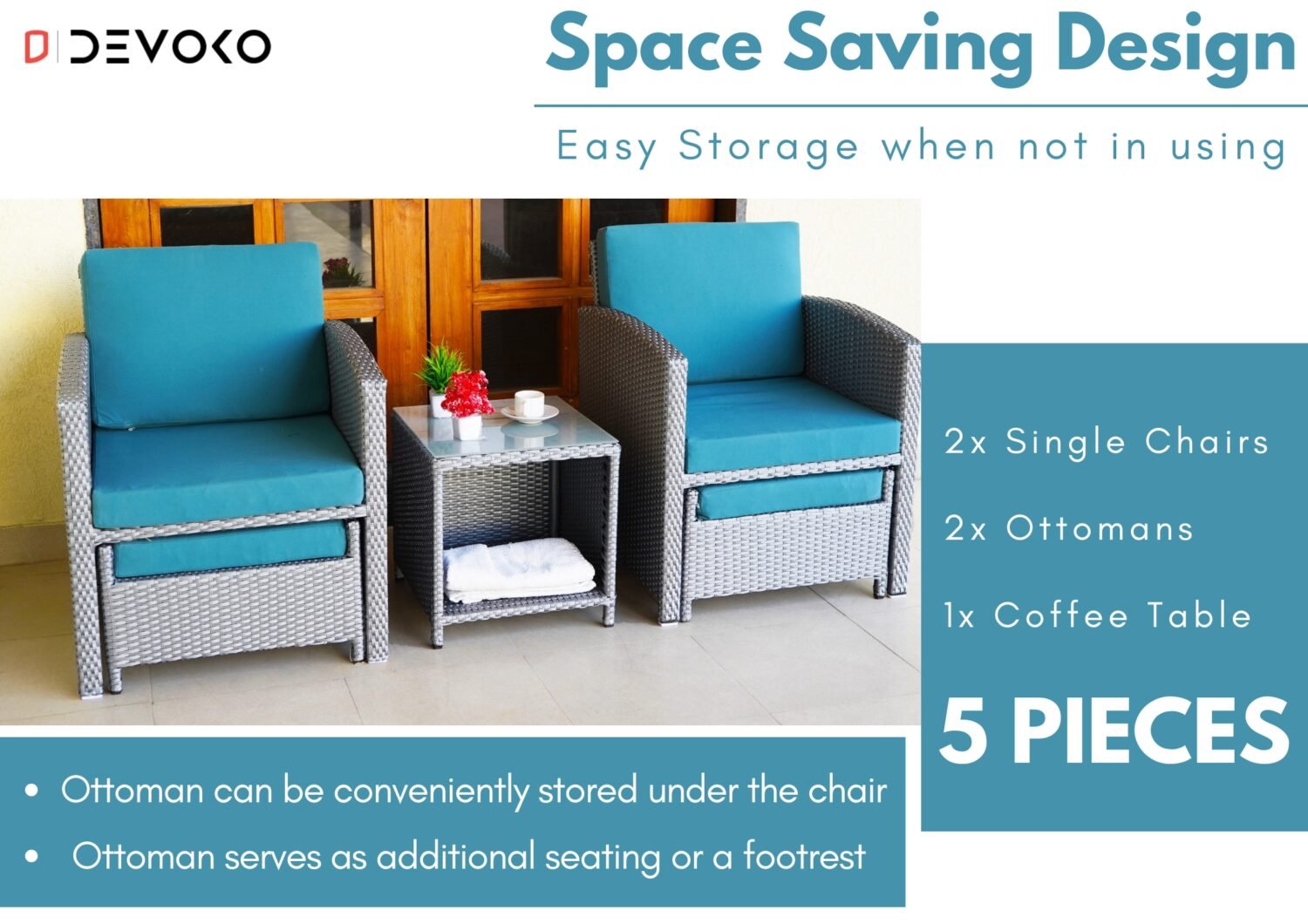 All Weather Wicker Patio 5 Piece Furniture (Silver Grey & Sky-Blue) - Image 7
