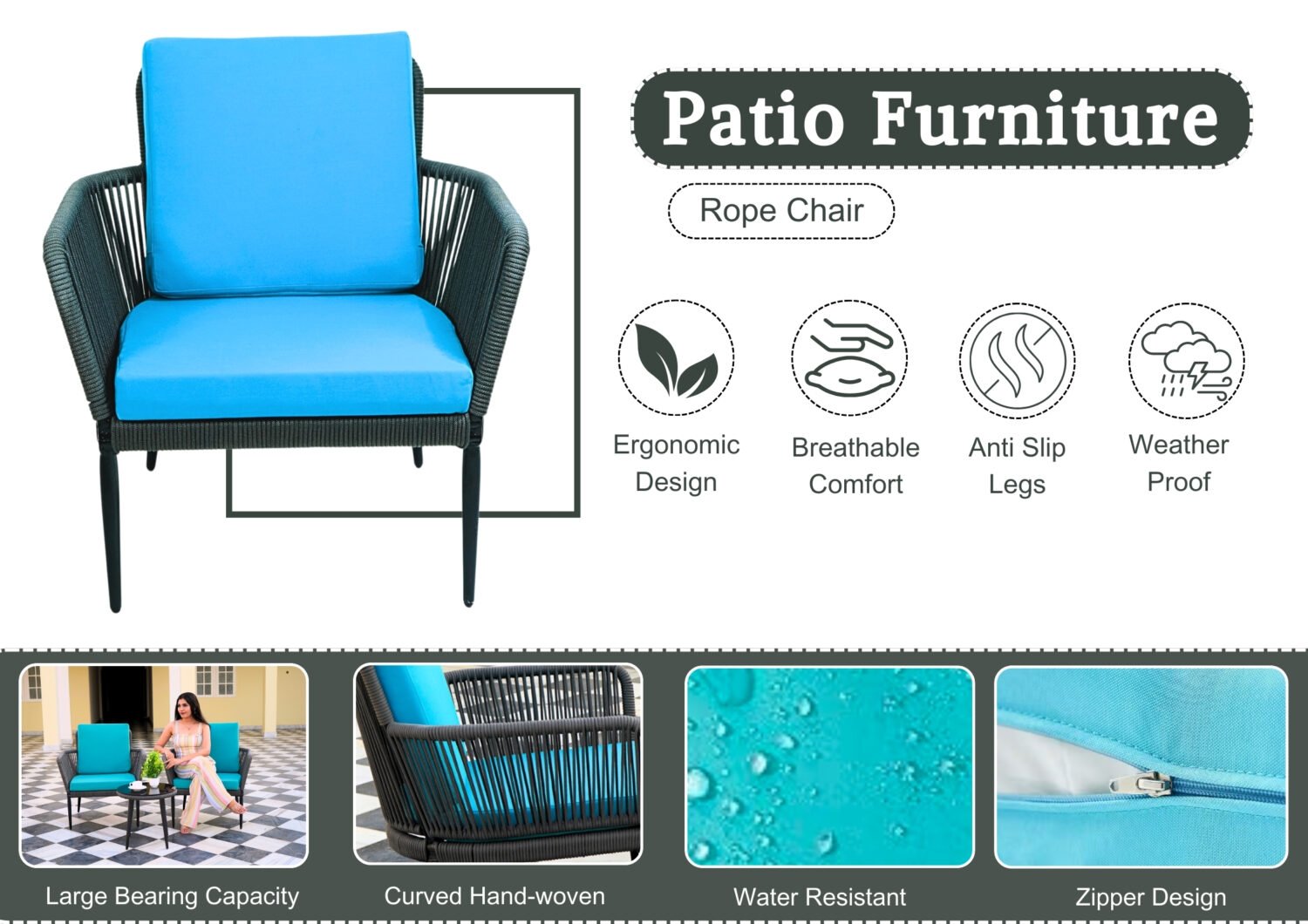 Outdoor Rope 3 Piece Bistro Patio Set (Grey & Sky-blue) - Image 4