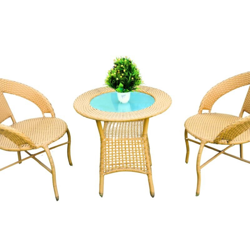 3 Piece Patio Beige HDPE Wicker Rattan Chair & Table Set - Image 7