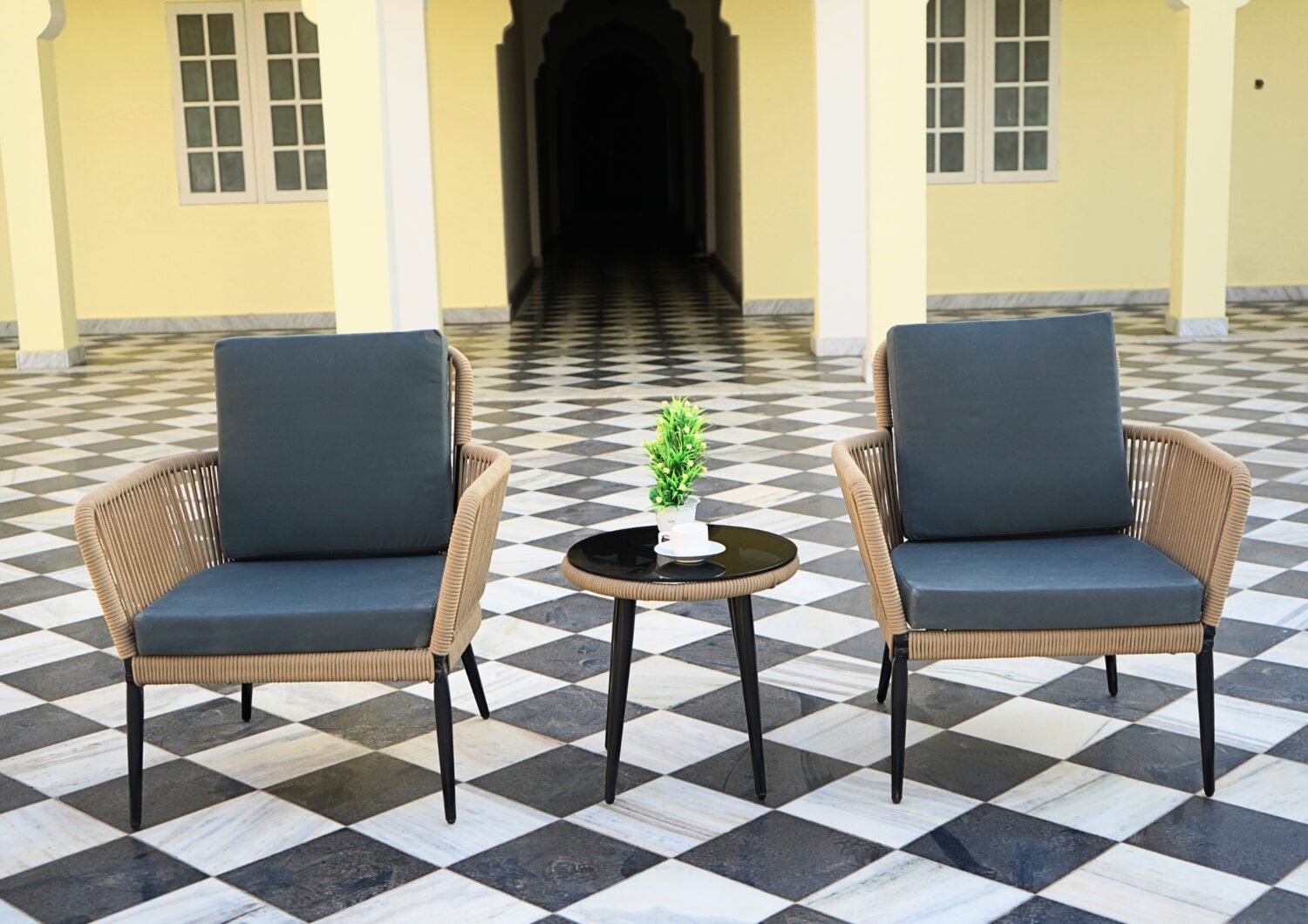 All Weather Outdoor Beige Rope Patio Set With Dark Grey Cushion - Image 3