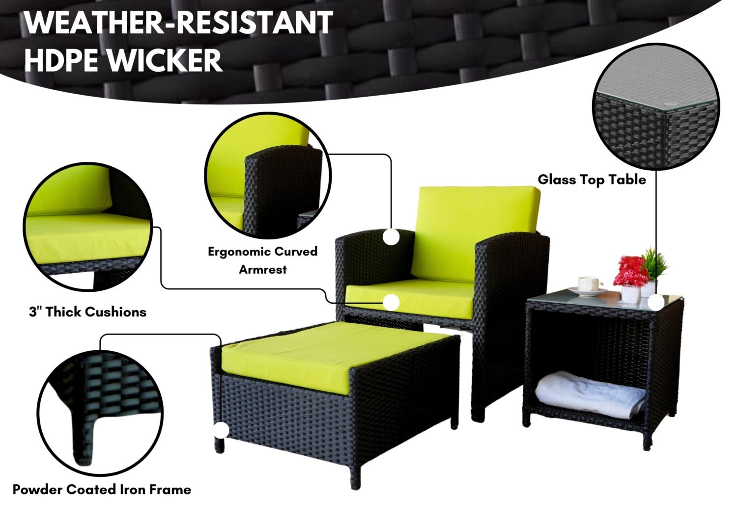 5-Piece Patio Set with Powder-Coated Iron Frame (Black & Light Green) - Image 4