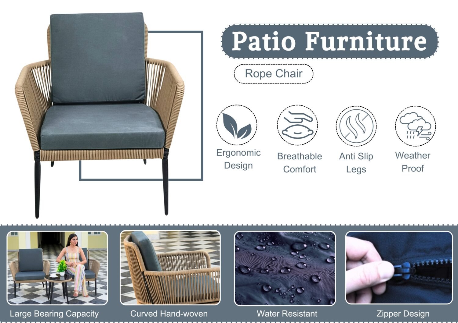 All Weather Outdoor Beige Rope Patio Set With Dark Grey Cushion - Image 4