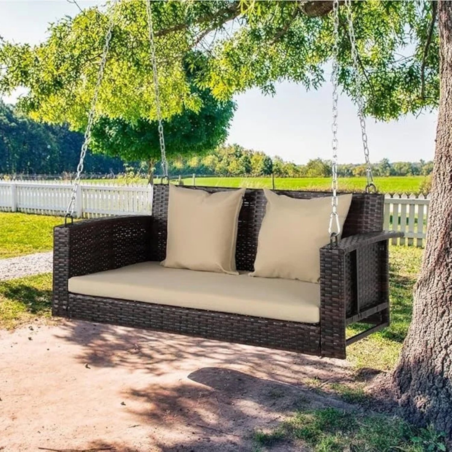 All Weather Outdoor Wicker Hanging 2-Person Swing Chair with Cushions (Dark Brown & Beige)