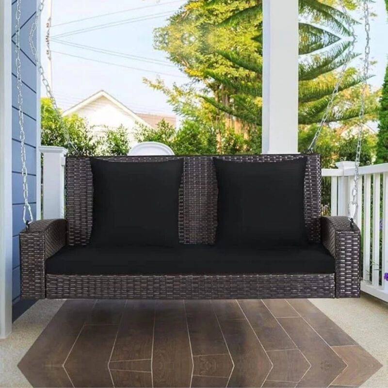 All Weather Outdoor Wicker Hanging 2-Person Swing Chair with Cushions (Dark Brown & Black)