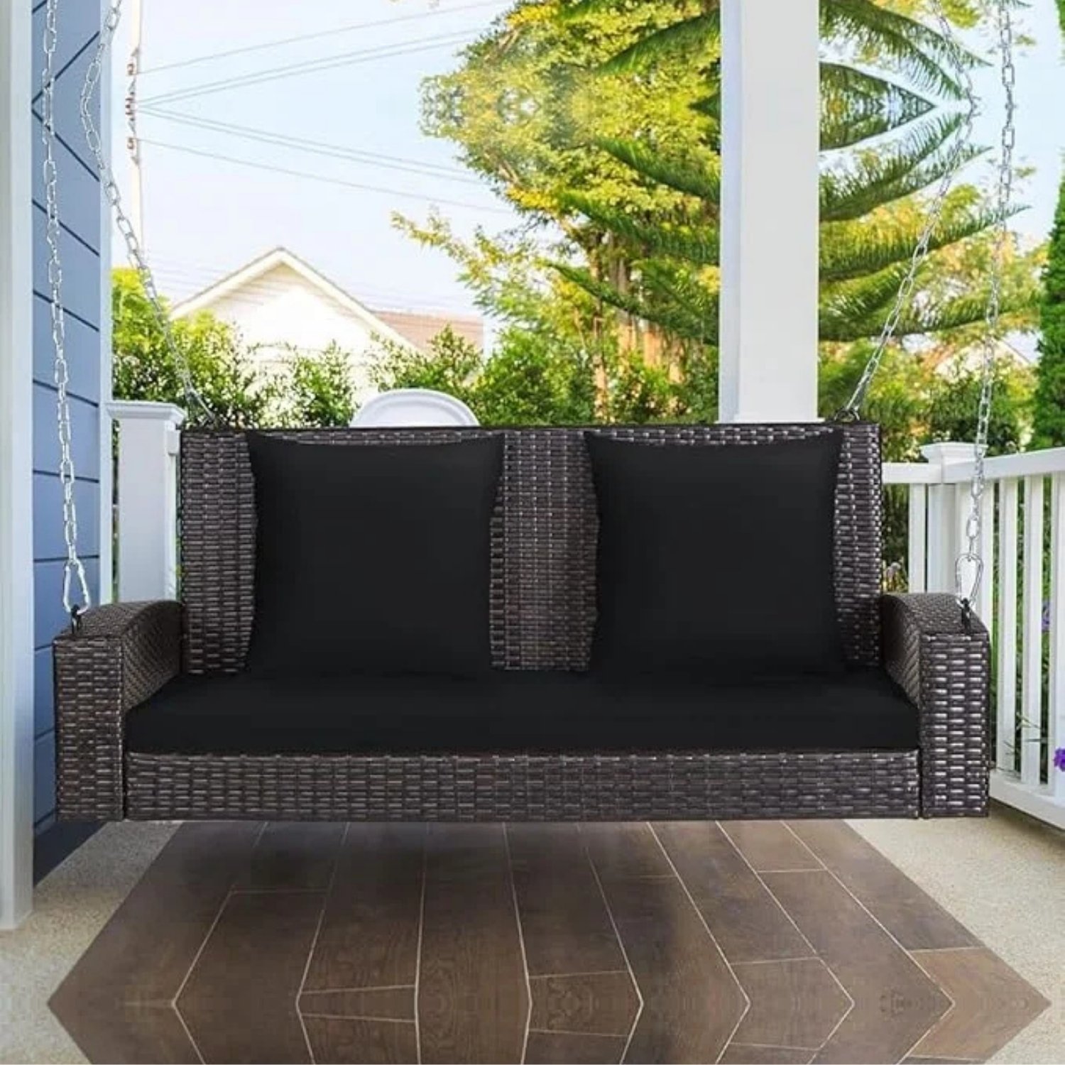 All Weather Outdoor Wicker Hanging 2-Person Swing Chair with Cushions (Dark Brown & Black)
