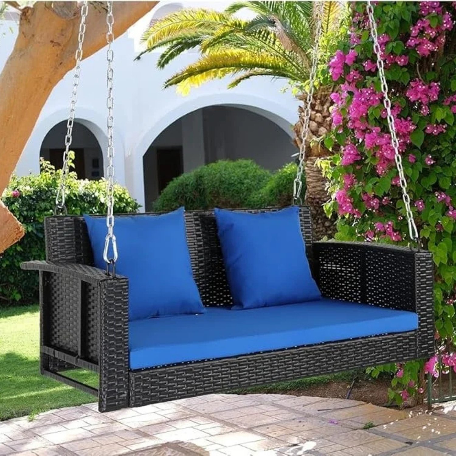All Weather Outdoor Wicker Hanging 2-Person Swing Chair with Cushions (Dark Brown & Blue)