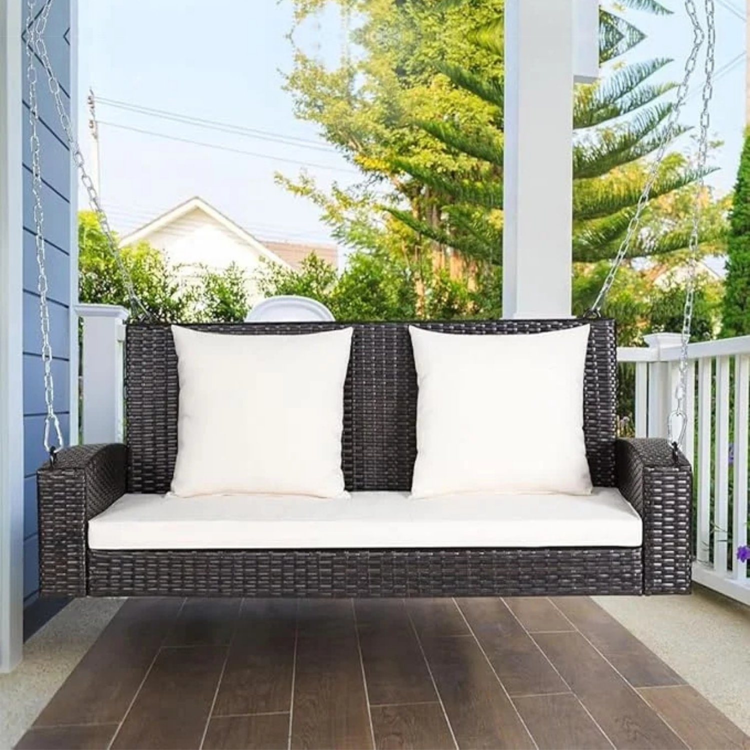 All Weather Outdoor Wicker Hanging 2-Person Swing Chair with Cushions (Dark Brown & White)