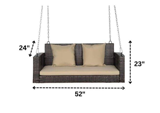 All Weather Outdoor Wicker Hanging 2-Person Swing Chair with Cushions (Dark Brown & Beige) - Image 2