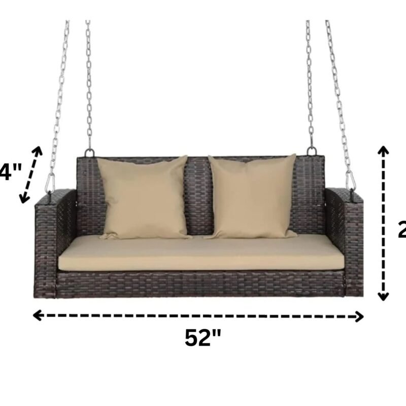 All Weather Outdoor Wicker Hanging 2-Person Swing Chair with Cushions (Dark Brown & Beige) - Image 2