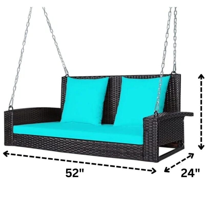 All Weather Outdoor Wicker Hanging 2-Person Swing Chair with Cushions (Dark Brown & Turquoise Blue) - Image 2