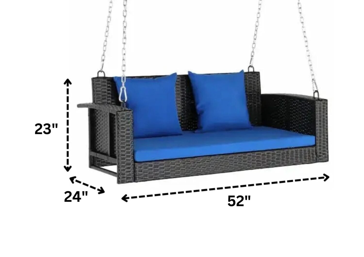 All Weather Outdoor Wicker Hanging 2-Person Swing Chair with Cushions (Dark Brown & Blue) - Image 2