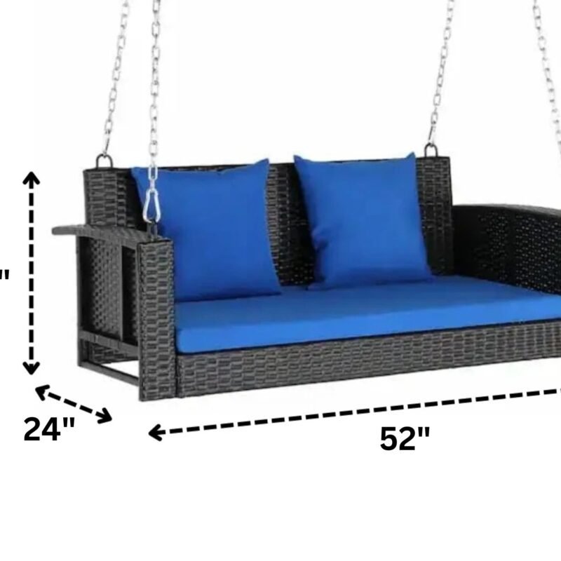 All Weather Outdoor Wicker Hanging 2-Person Swing Chair with Cushions (Dark Brown & Blue) - Image 2