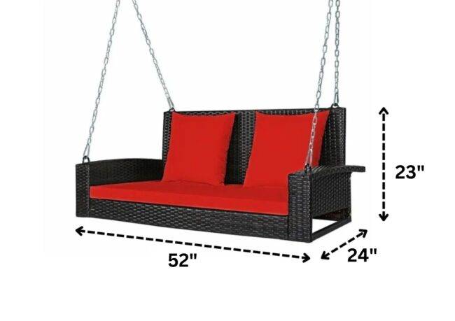 All Weather Outdoor Wicker Hanging 2-Person Swing Chair with Cushions (Dark Brown & Red) - Image 2