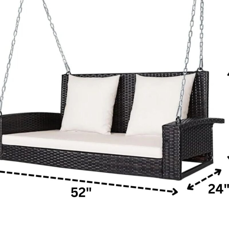 All Weather Outdoor Wicker Hanging 2-Person Swing Chair with Cushions (Dark Brown & White) - Image 2