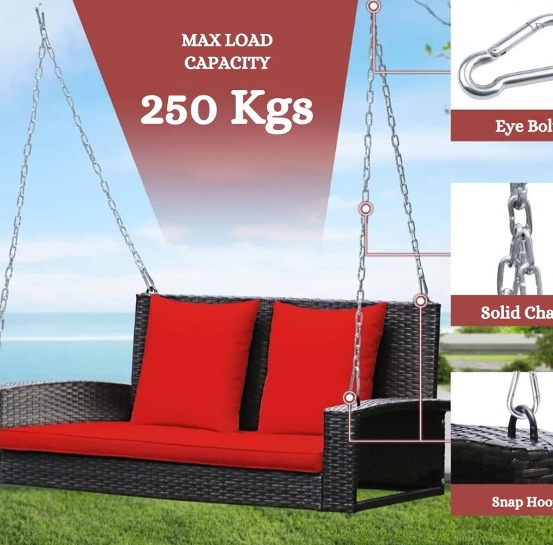 All Weather Outdoor Wicker Hanging 2-Person Swing Chair with Cushions (Dark Brown & Red) - Image 6