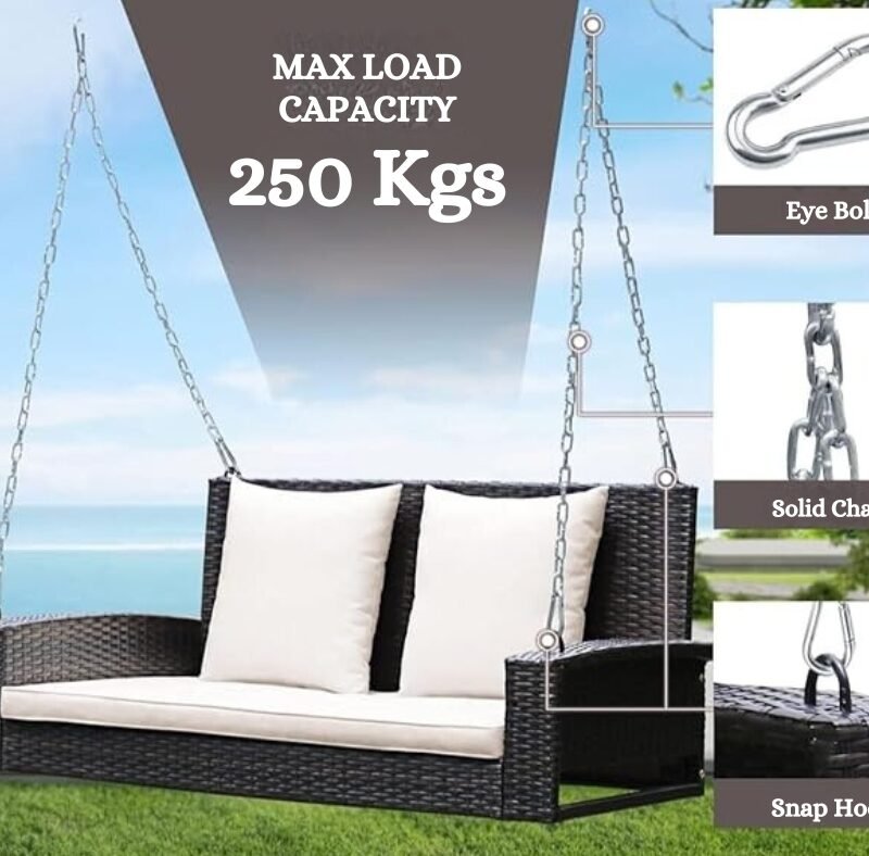 All Weather Outdoor Wicker Hanging 2-Person Swing Chair with Cushions (Dark Brown & White) - Image 6