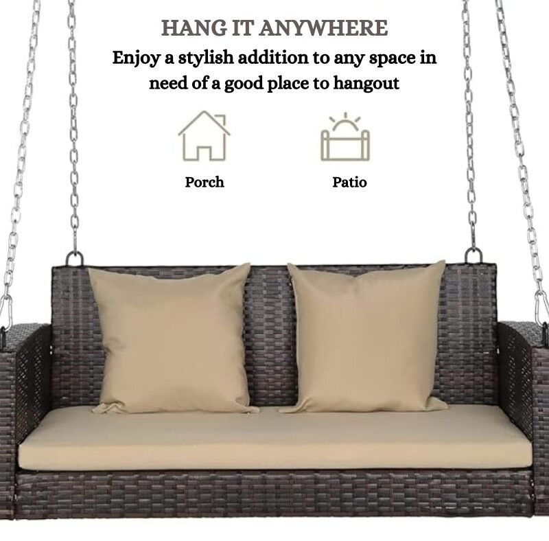All Weather Outdoor Wicker Hanging 2-Person Swing Chair with Cushions (Dark Brown & Beige) - Image 6