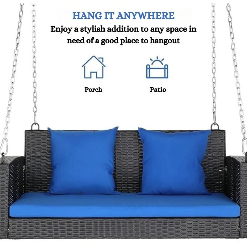 All Weather Outdoor Wicker Hanging 2-Person Swing Chair with Cushions (Dark Brown & Blue) - Image 7