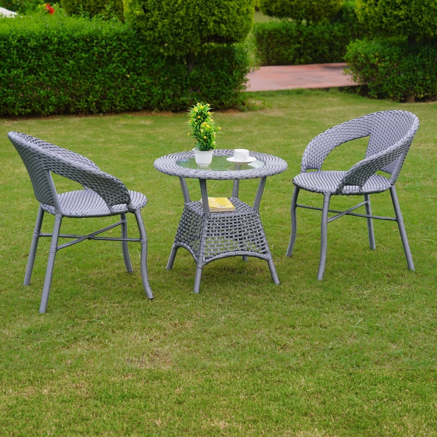 Outdoor All Weather Rattan Wicker 3-Piece Patio Bistro Set (Silver Grey)
