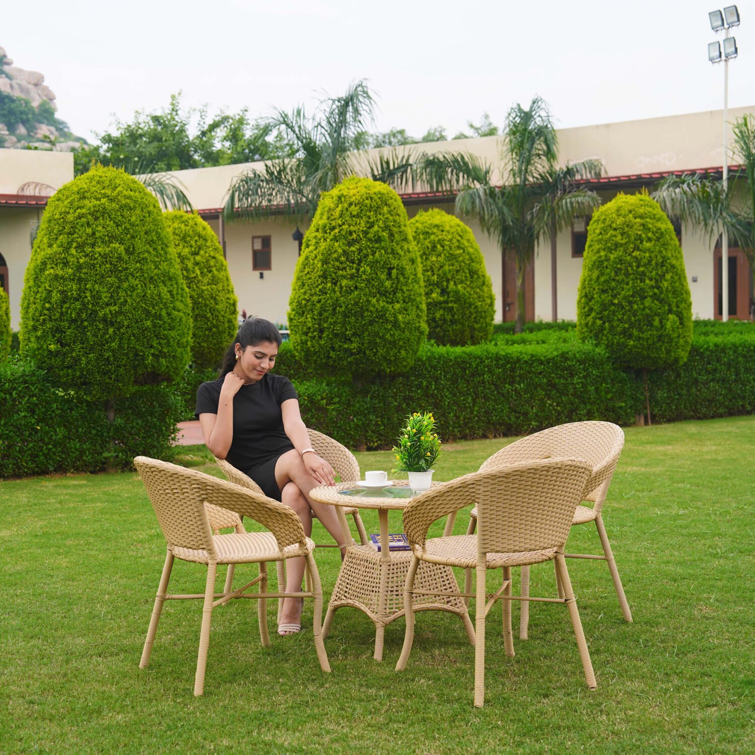 5-Piece Outdoor Rattan Wicker Patio Bistro Set (Beige) - Image 2