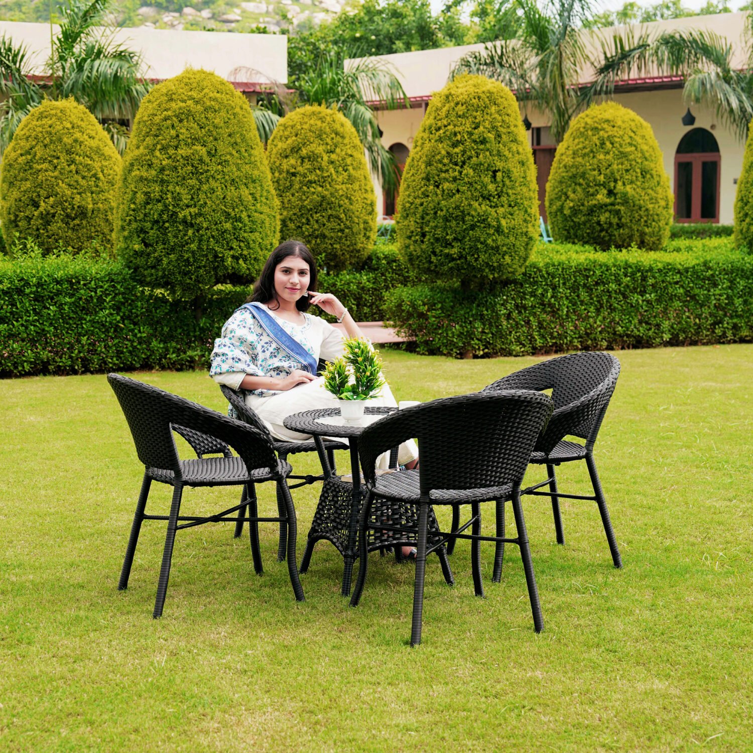 5-Piece Outdoor Rattan Wicker Patio Bistro Set (Black) - Image 2