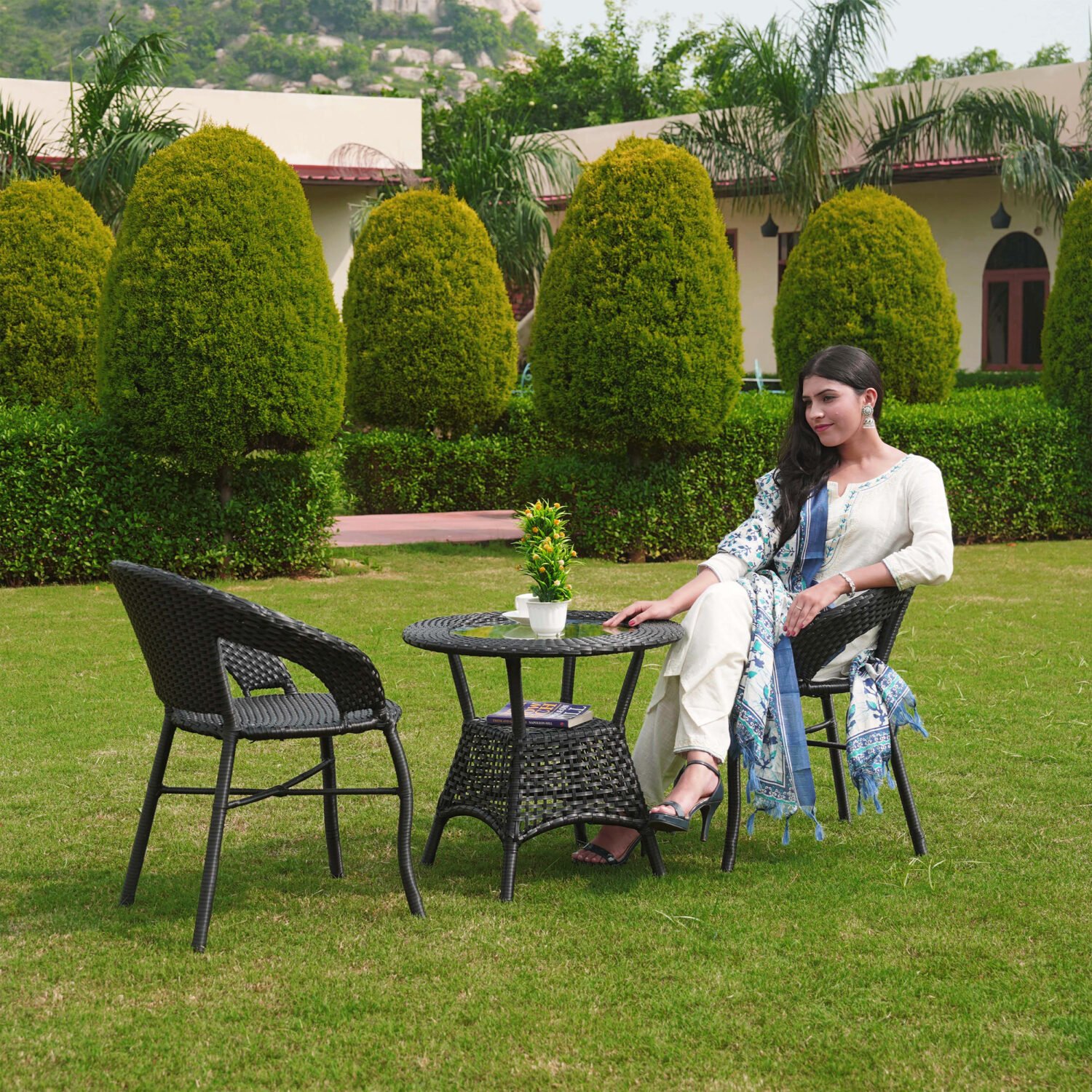 Outdoor All Weather Rattan Wicker 3-Piece Patio Bistro Set (Black) - Image 2