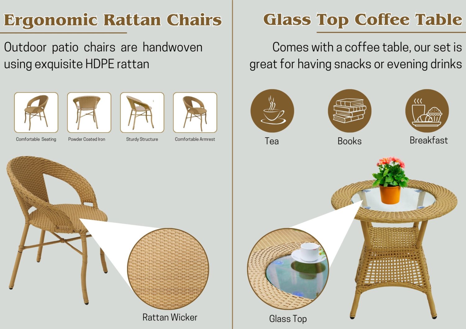 5-Piece Outdoor Rattan Wicker Patio Bistro Set (Beige) - Image 4